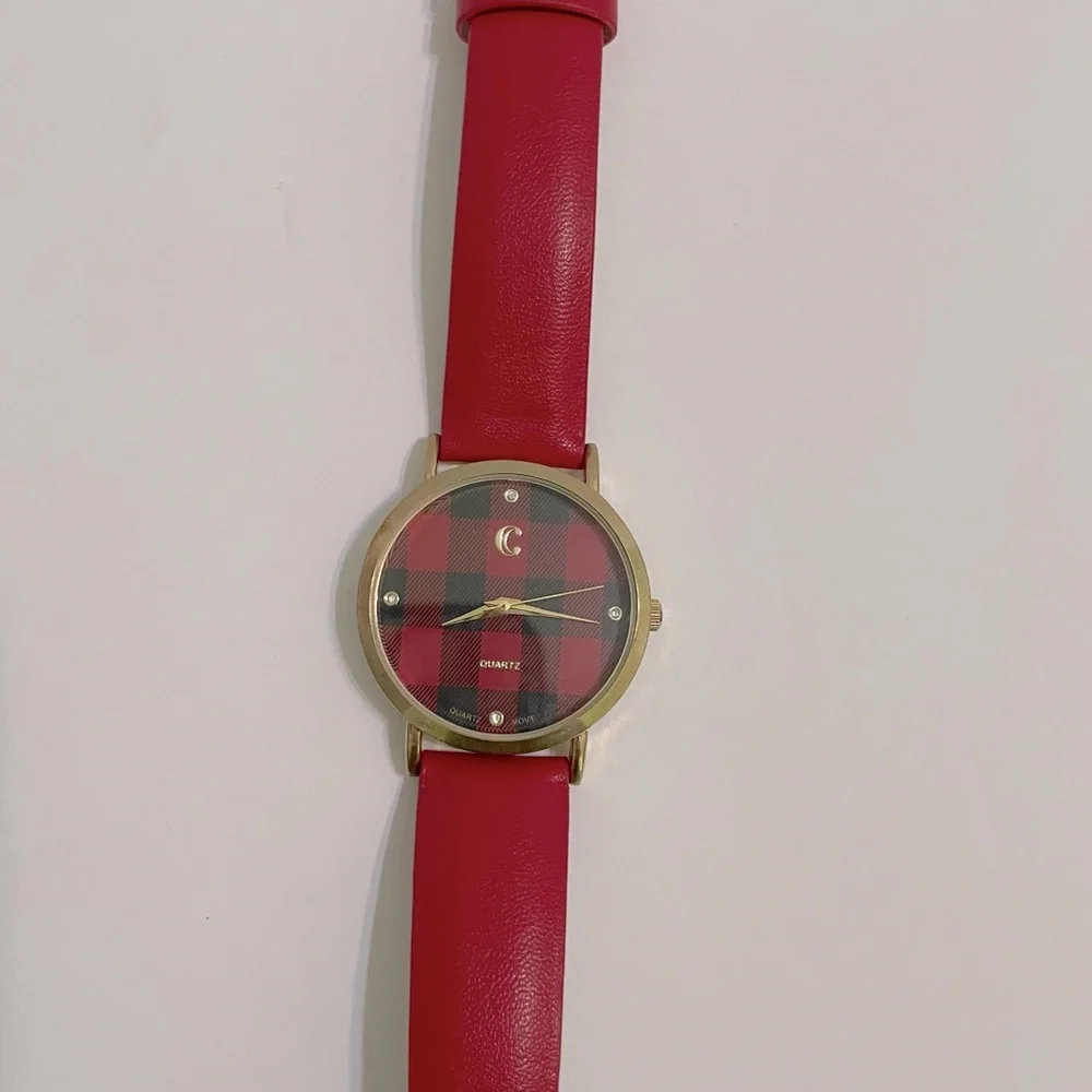Charming Charlie Red Strap Plaid Round Face Watch Analog Holiday Christmas